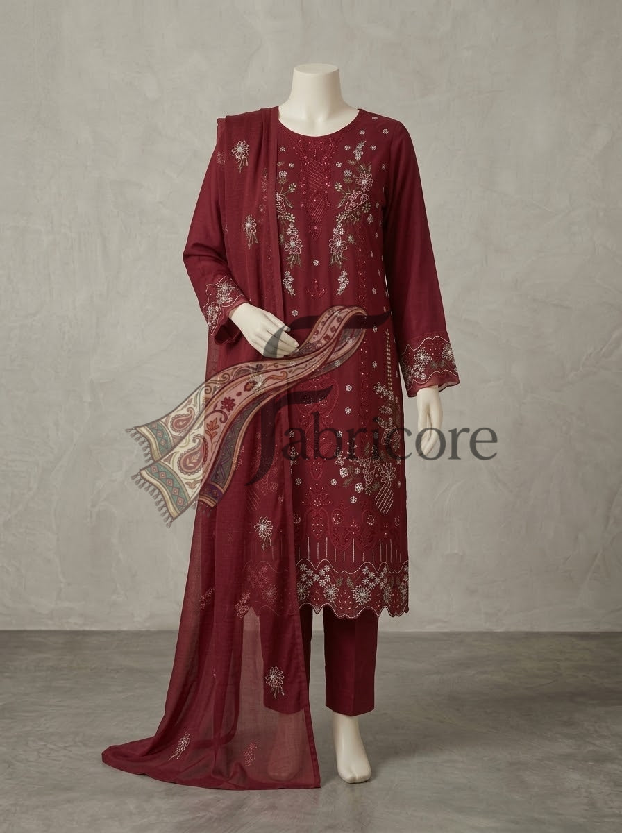 Mahroon Blossom 3pc Dhanak