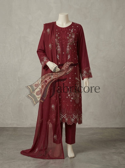 Mahroon Blossom 3pc Dhanak